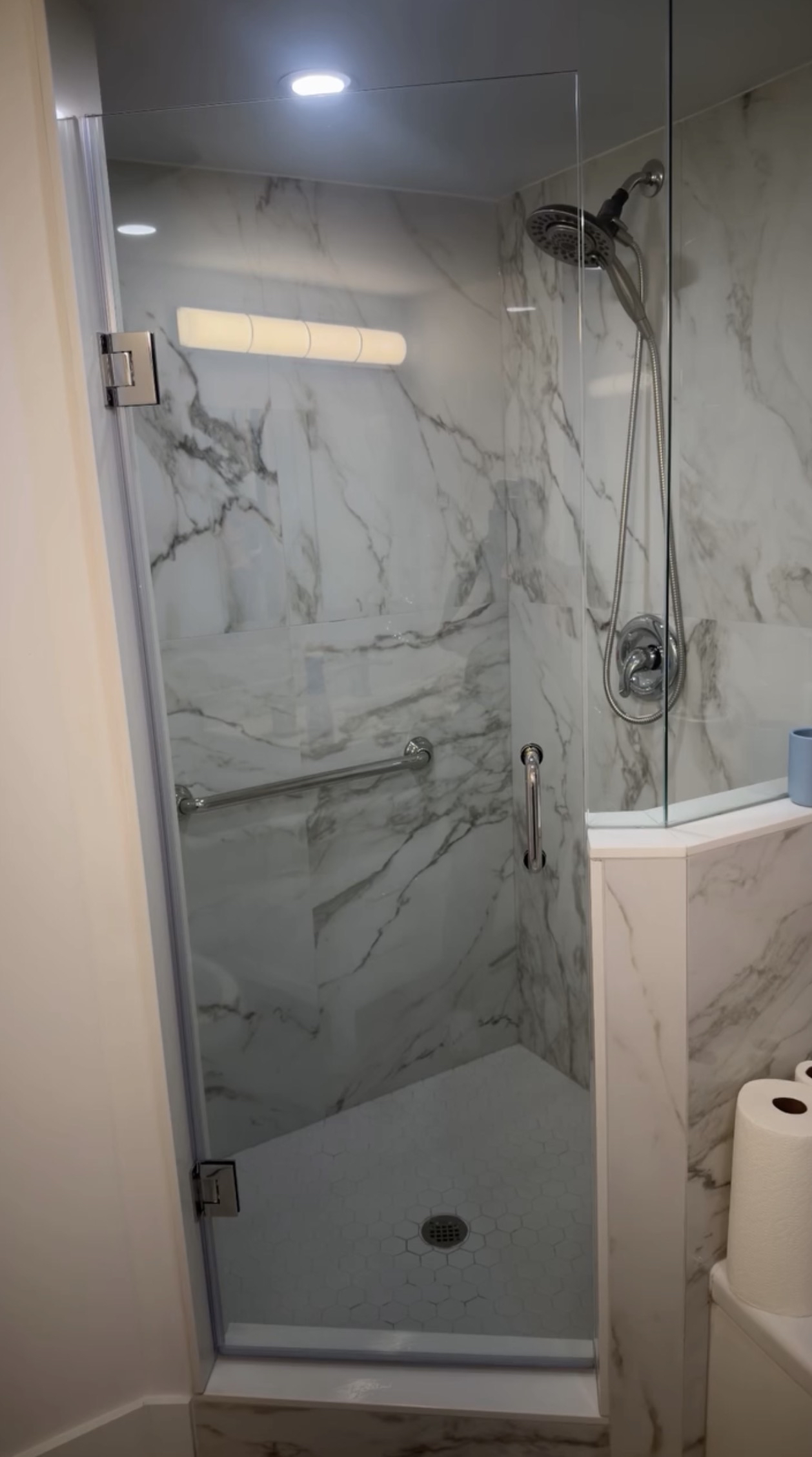 Spotless marble shower after deep cleaning